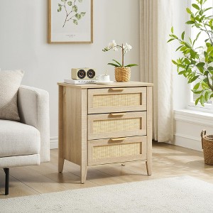 Rattan Nightstand, Boho Nightstand with 3 Natural Rattan Drawers, Bedside Table with Sturdy Wood Legs, Modern Side Table with Storage Drawers - 1 of 4