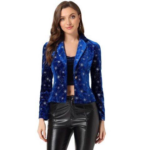 INSPIRE CHIC Women's Metallic Stars Printed Velvet 1 Button Business Office Crop Jacket Royal Blue-Star Small