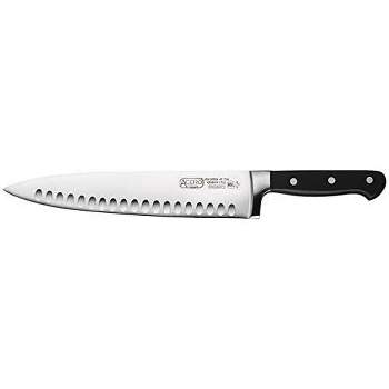 Winco KFP-103, 10" Acero Chef's Knife with Hollow Ground, Cook's Knife with Black Handle, Triple Riveted One Piece Full Tang Professional Chefs Knife