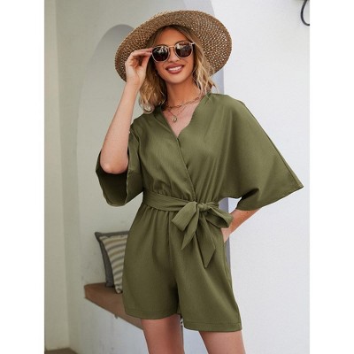 Rompers for Women Summer Casual V Neck Short Belted Wrap Flared Half Sleeve Waist Tie Romper