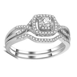 Wedding Ring Set for Women Halo CZ Sterling Silver Engagement Ring and Matching Band Ginger Lyne Collection - 1 of 4