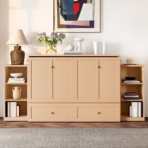 Bellemave Full size Murphy bed with spacious storage drawers and shelves. Ideal for guest rooms or compact bedrooms. Golden - 1 of 4