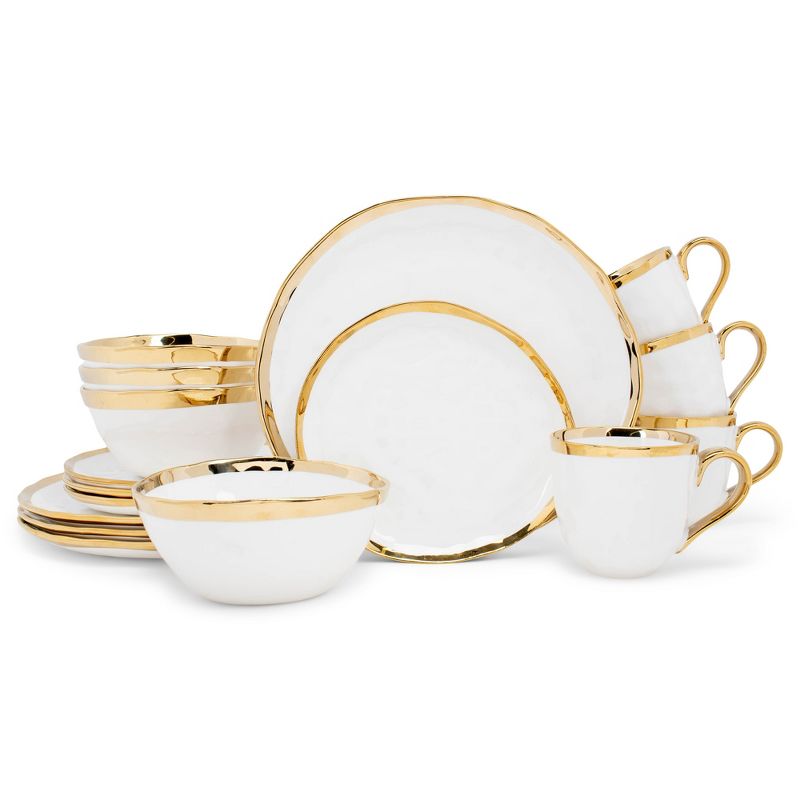 Elanze Designs 16-Piece Metallic Bubble Porcelain Ceramic Dinnerware Set - Service for 4, White Gold, 1 of 7