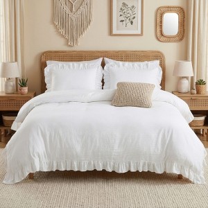Ruffle Duvet Cover Set, Soft Washed Microfiber Vintage French Country Duvet Cover Set with Button Closure - 1 of 4