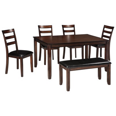 Signature Design by Ashley Coviar Dining Table Set Brown: 6-Piece Rectangular Room Furniture, Upholstered Bench & Chairs