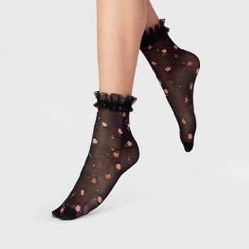 Women's Floral Print Sheer Anklet Socks with Ruffle - A New Day™ Black/Pink 4-10