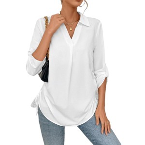Women's Tie Side drawstring Long Sleeve V Neck Shirt Pullover - 1 of 4