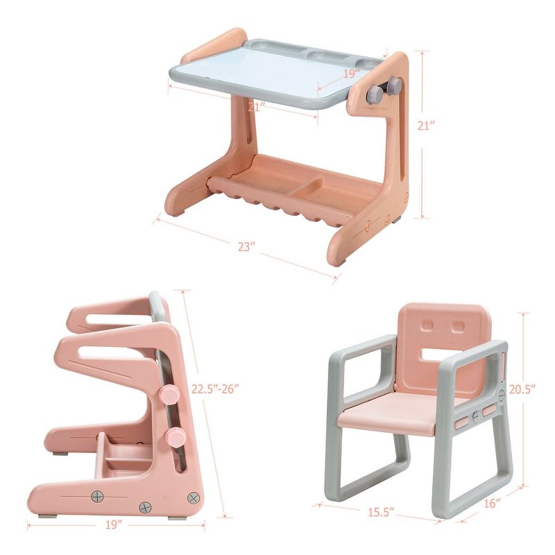 Costway 2 in 1 Kids Easel Table & Chair Set Adjustable Art Painting Board Gray/Blue/Light Pink, 3 of 11
