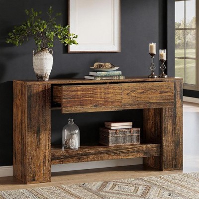 KTMBDW 55-Inch Console Table with 2 Drawers, 2-Tier Entryway Table with Storage for Living Room, Sofa Console Behind The Couch for Foyer,Hallway,Brown