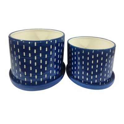 Sagebrook Home Set of 2 Mesh Lines Ceramic Planters with Saucers Blue