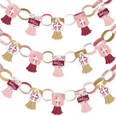 Big Dot of Happiness Pink Elegant Cross - 90 Chain Links and 30 Paper Tassels Decoration Kit - Girl Religious Party Paper Chains Garland - 21 feet