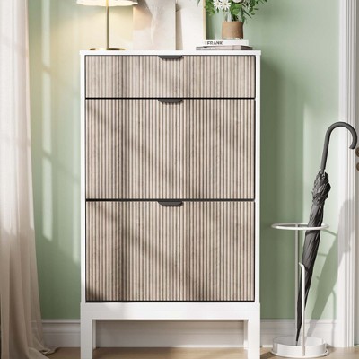 Shoe Cabinet with 3 Flip Doors & 1 Drawer, Modern Fluted Shoe Organizer for Entryway,Hallway(Black+Grey)