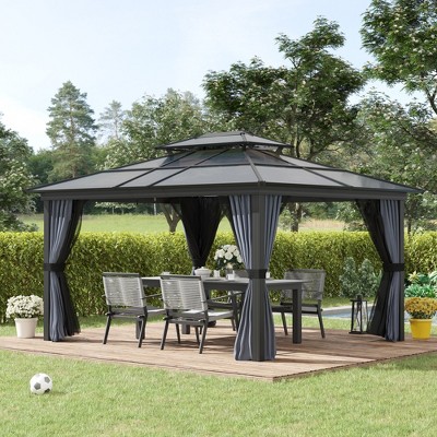 Black Aluminum Frame Hardtop Gazebo with Polycarbonate Canopy and Curtains