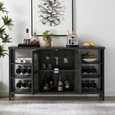 Wine Bar Cabinet for Liquor Glasses Industrial Coffee Cabinet with Wine Rack Sideboard Buffet Cabinet for Dinning Room Living Room Dark Gray