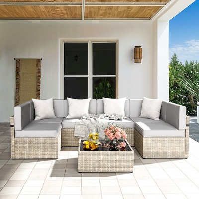 Pamapic 7-Piece Wicker Outdoor Sectional Set with Coffee Table and Cushions