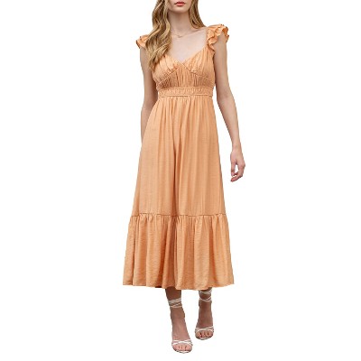 August Sky Women's Ruched Layered Ruffle Sleeve Midi Dress