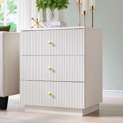SinCiDo Fluted Nightstand with Charging Station, 21.65" Wide Modern Wood Bedside Table w/3 Storage Drawers for Bedroom, Living Room