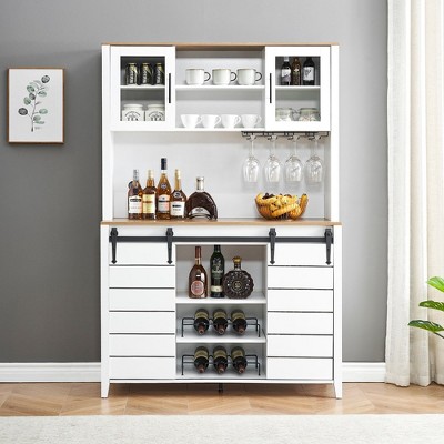 WhizMax 70" Farmhouse Coffee Bar Wine Cabinet with Sliding Barn Doors, Tall Kitchen Hutch with Wine & Glasses Rack, for Kitchen, Dining Room, Oak