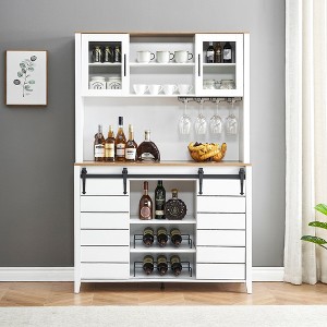 WhizMax 70" Farmhouse Coffee Bar Wine Cabinet with Sliding Barn Doors, Tall Kitchen Hutch with Wine & Glasses Rack, for Kitchen, Dining Room, Oak - 1 of 4
