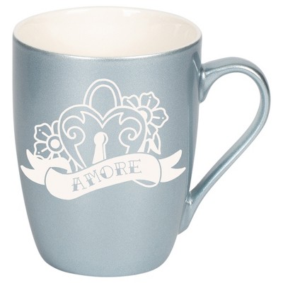 100 North Floral Heart 10 Ounce Frosted Blue Metallic Finish, Comfortably Fits Your Hands, New Bone China Coffee Tea Cup Mug, Amore