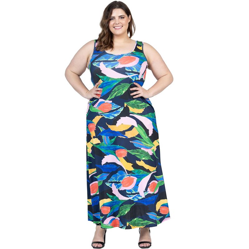24seven Comfort Apparel Plus Size Teal Floral Print Sleeveless Casual Maxi Dress With Pockets, 5 of 7
