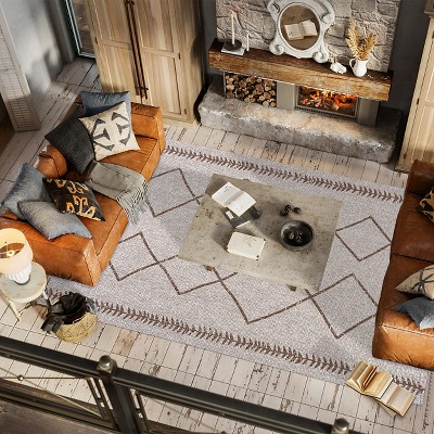 Beige and Brown Trellis Synthetic Rectangular Area Rug