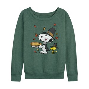 Women's - Peanuts - Snoopy and Woodstock Thanksgiving Pie Lightweight French Terry Wide Neck Long Sleeve Shirt - 1 of 4