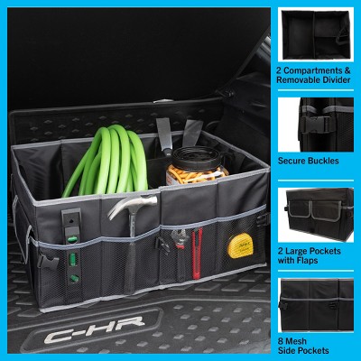 Black Collapsible Car Trunk Organizer with Adjustable Straps