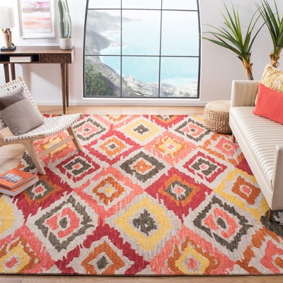 Hand-Tufted Red and Beige Wool Ikat Area Rug
