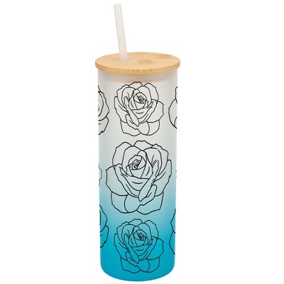 Elanze Designs Rose Flower Garden Wrap-Around Design 25 Ounce Frosted Gradient Glass On-The-Go Coffee Travel Skinny Tumbler Mug Cup, Bamboo Lid and