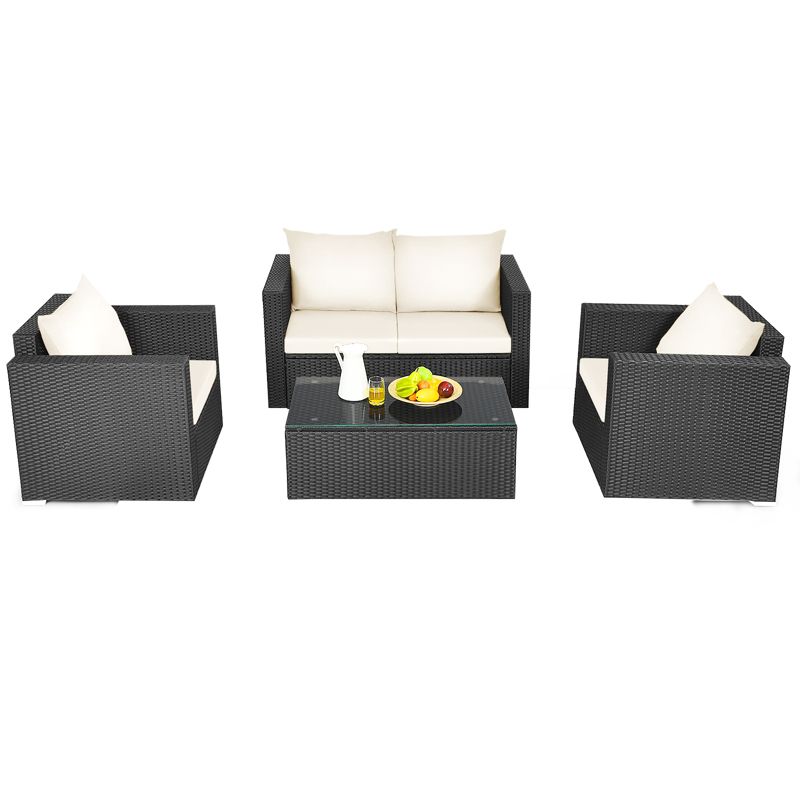 Tangkula 4PC Patio Rattan Wicker Conversation Furniture Set Sectional Sofa & Coffee Table, 2 of 8