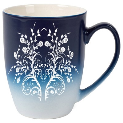 Elanze Designs Damask Floral Mirror Two Toned Ombre Matte Navy Blue and White 12 ounce Ceramic Stoneware Coffee Cup Mug