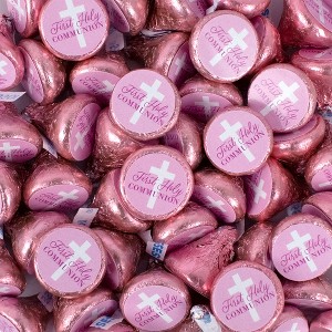 100 Pcs Girl First Holy Communion Candy Pink Hershey's Kisses Milk Chocolate (1lb, Approx. 100 Pcs)  - By Just Candy - 1 of 1