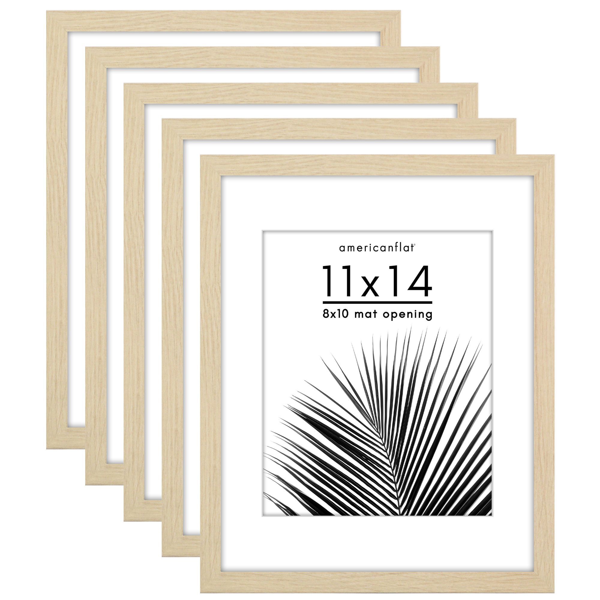 Americanflat 5 Pack of 11x14 Frames with 8x10 Mat - Plexiglass Cover - Oak