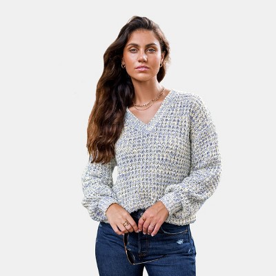 Women's Light Blue V-Neck Blouson Sleeve Knit Sweater - Cupshe