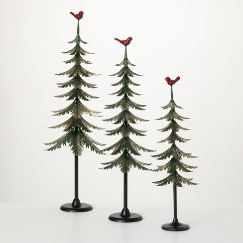 Sullivans Cardinal-Topped Pine Tree Multicolor 28H Metal Set of 3