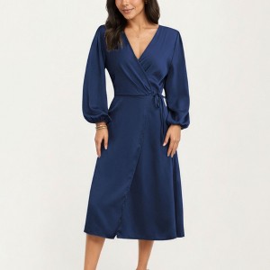 Anna-Kaci Women's Long Sleeve Wrap Midi Dress with V-Neckline and Side Tie Waist - 1 of 4