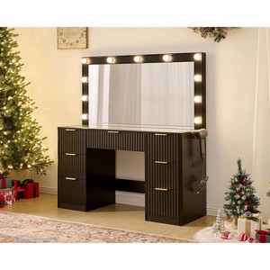 AMERLIFE Makeup Vanity Desk with Mirror & LED Lights, Drawers, Tempered Glass Top, Charging Station, Modern Bedroom Dressing Table - 1 of 4