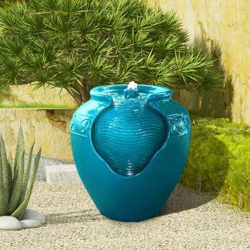 16.93" Glazed Pot Outdoor Floor Fountain with LED Lights - Teal - Teamson Home