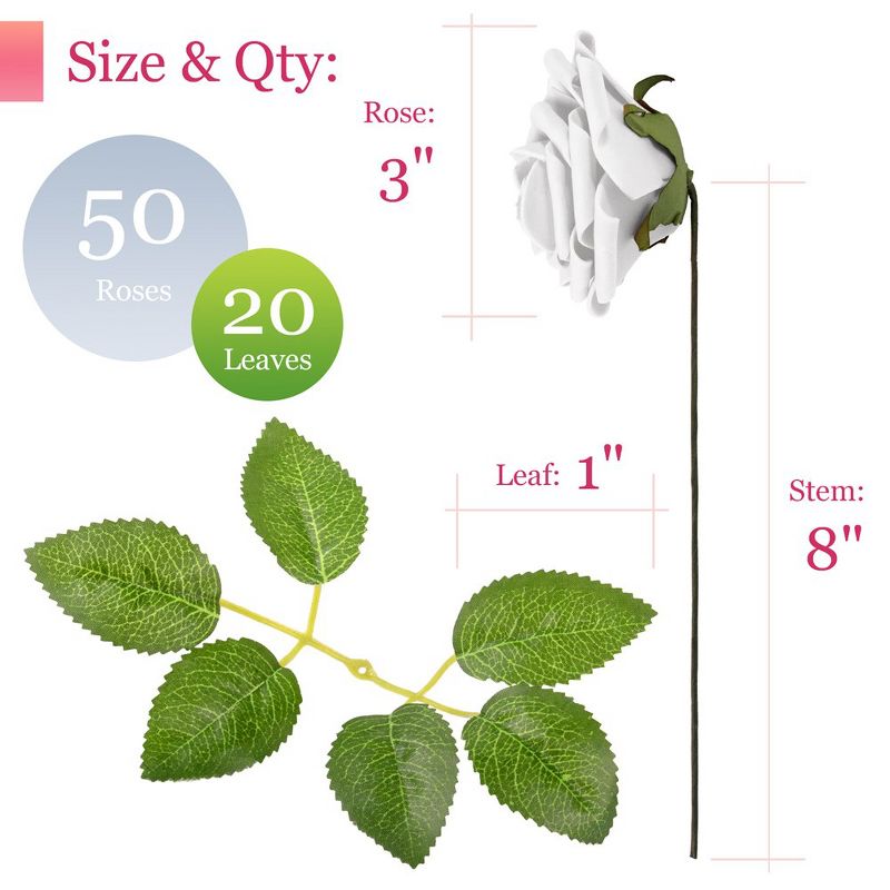 RCZ Décor Artificial Foam Roses for Decoration, Attractive Fake Flowers for DIY Wedding Centerpieces, Includes: 50 Roses with Stems and 20 Leaves, 3 of 6