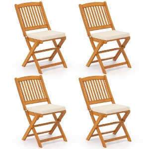 Costway Outdoor Folding Chairs Set of 4 Acacia Wood High-Back Chair with Seat Cushions Beige/Navy/Red - 1 of 4