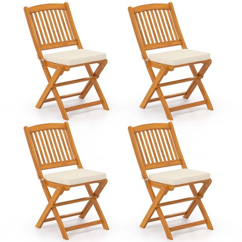 Costway Outdoor Folding Chairs Set of 4 Acacia Wood High-Back Chair with Seat Cushions Beige/Navy/Red - image 1 of 4