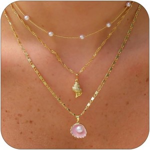 Layered Gold Shell Necklace With Conch & Starfish Pendant - Boho Non-Tarnish Summer Beach Vacation Jewelry Gift For Women - 1 of 4