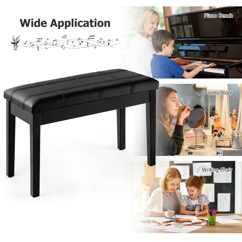 Costway Solid Wood PU Leather Piano Bench Padded Double Duet Keyboard Seat Storage Black, 5 of 10