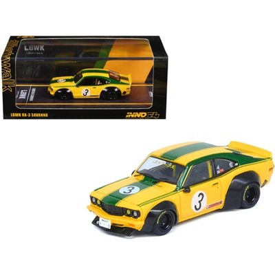 Mazda RX-3 Liberty Walk RHD (Right Hand Drive) #3 "Savanna" Yellow with Green Stripes 1/64 Diecast Model Car by Inno Models