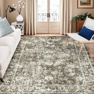 Washable Vintage Floral Area Rug,Boho Non-Slip Indoor Foldable Carpet,Stain Resistant Distressed Print Mat for Living Room/Bedroom/Kitchen/Dining Room - 1 of 4