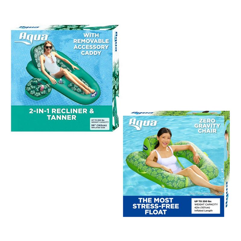 Aqua Leisure Campania 2 in 1 Convertible Water Lounger Pool Inflatable, Floral + Aqua Leisure Zero Gravity Inflatable Swimming Chair Float, Green, 1 of 7