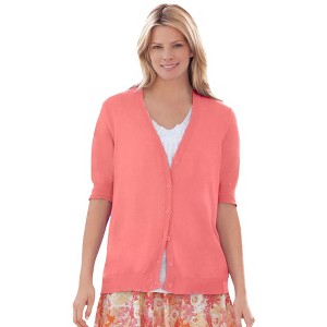 Woman Within Plus Size Lightweight Short Sleeve V-Neck Cardigan - 1 of 4