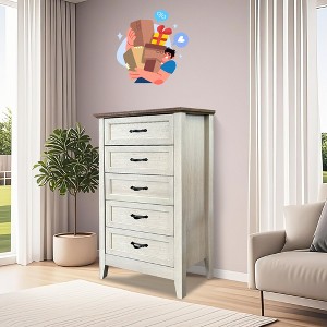 Jojoka Tall 5 Drawer Dresser, Vintage Wood Storage Chest for Bedroom, Kids Room, Closet, Hallway, with Framed Fronts and Metal Handles - 1 of 4