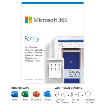 Microsoft 365 Family 1 Year Subscription For Up To 6 Users - For Windows, macOS, iOS, and Android devices - PC/Mac Keycard